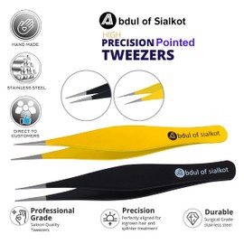 Abdul of Sialkot Pinzette für Damen & Herren – Professionelle Pinzette aus Edelstahl, spitze Pinzette für eingewachsene Haare, Splitter und Mitesserentferner, 2er-Set (schwarz & gelb)
