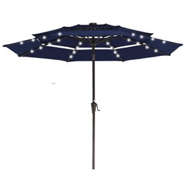 JEAREY 3 Tiers Patio Umbrella with Solar Lights 9ft Outdoor Market Table Umbrellas with Push Button Tilt for Outside Pool Garden, Navy Blue