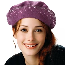 LADYBRO Sombreros de boina con diamantes de imitación para mujer, 2 capas de lana francesa, sombrero cálido de invierno, Morado-44009, Talla única