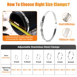 6 Inch Hose Clamp, 6 Pcs Stainless Steel Duct Clamps, Adjustable Worm Gear, Pipe Clamps Dryer Hose Air Ducting Metal Clamps, 141-165mm