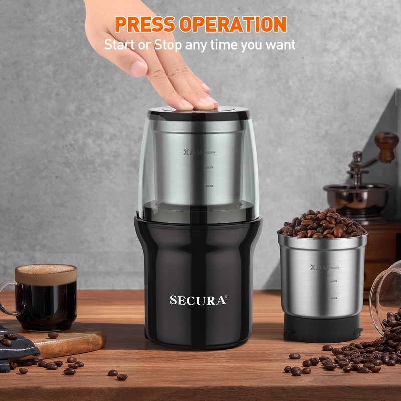 Secura Electric Spice Grinder, Dual Stainless Bowls for Wet &