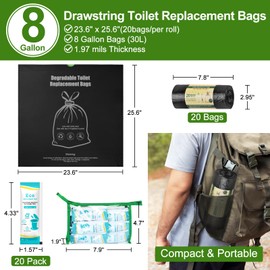 BLIKA 20pc Camping Toilet Bags Eco Absorbent Gel Set, Drawstring Portable Toilet Bags with Gel, 8 Gallon (30L) Heavy Duty 1.97 Mil, Toilet Replacement Bag with Toilet Powder for Camping Outdoor Hiking
