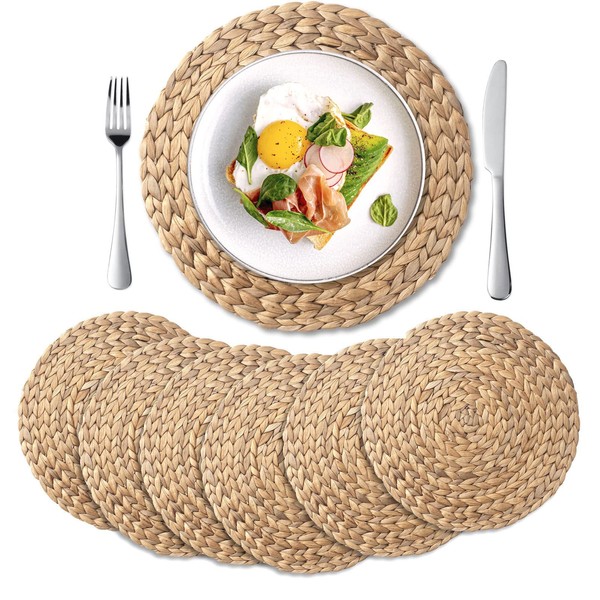 6 Pack, Round Woven Placemats, Natural Water Hyacinth Place mats,