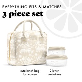 Fit & Fresh Bloomington Lunch Bag for Women - Insulated Large Lunch Box for Work with Containers, Leak-Resistant, Stain-Resistant, Zipper Closure, Tan Toile