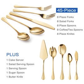 Gold Silverware Flatware Set, HF HOFTEN 45-Piece Stainless Steel Durable Cutlery Serving Set, Service for 8, Modern Elegant Design for Home/Hotel/Restaurant, Mirror Polished & Dishwasher Safe