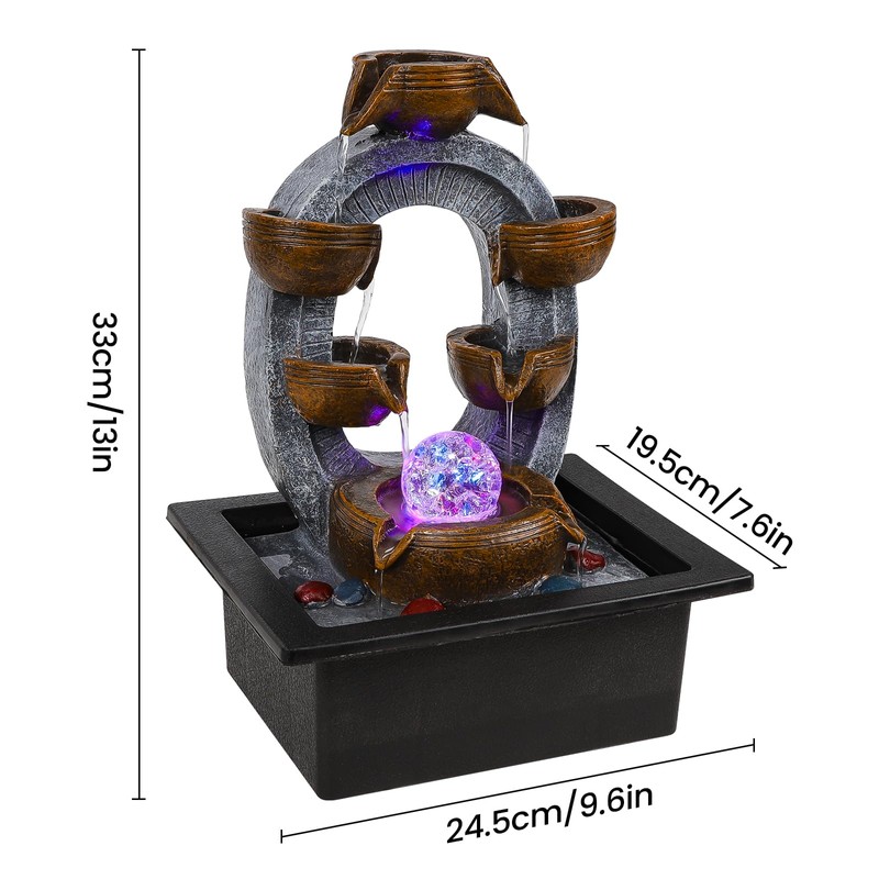 Desktop Water Fountain Indoor:6 Tier Cascading Waterfall with Spinning Orb
