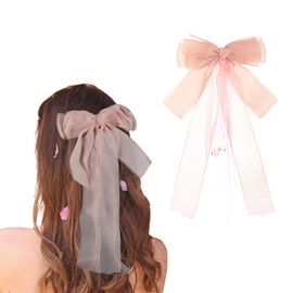 Firopia Pink Big Hair Bows for Women | Silk Double Layered Hair Bows | Long Ribbons Hairpin with Bead for Women | Headpiece Large Silky Bow Hair Accessories for Women