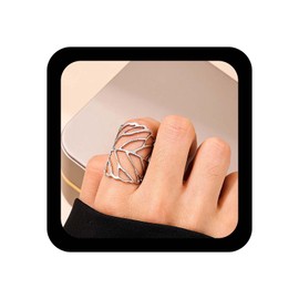 Cybche Vintage Hollow Large Leaf Ring Silver Adjustable Wrap Open Ring Minimalist Leaf Knuckle Finger Rings Irregularly Geometric Statement Leaves Rings Jewelry for Women