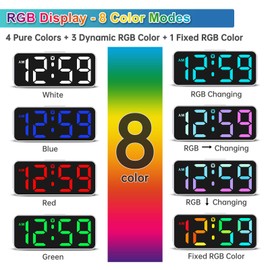 Peakeep Small Digital Alarm Clock Plug in for Kids Bedroom Bedside Nightstand, 8 RGB Colors Large Display Dimmable 6 Brightness, Corded Electric Battery Backup (White - RGB)