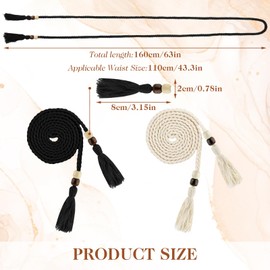 TIESOME 2 PCS Women's Skinny Tassel Waist Belt with Wooden Beads, Black + White Thin Woven Waist Rope Belt for Women Girls Godness Boho Braided Waist Belt Rope Chain for Thin Dresses Skirts Tunics