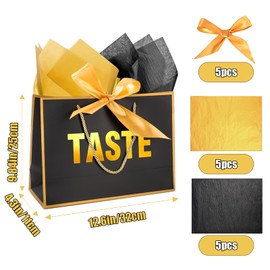 WOEUROI 5 Senses Gift Bags for Him, Sight Smell Touch Taste Sound Gift Bags with Ribbon Handles Tissue Paper for Birthday, Mothers Day, Anniversary, Christmas,Valentine's Day (black)