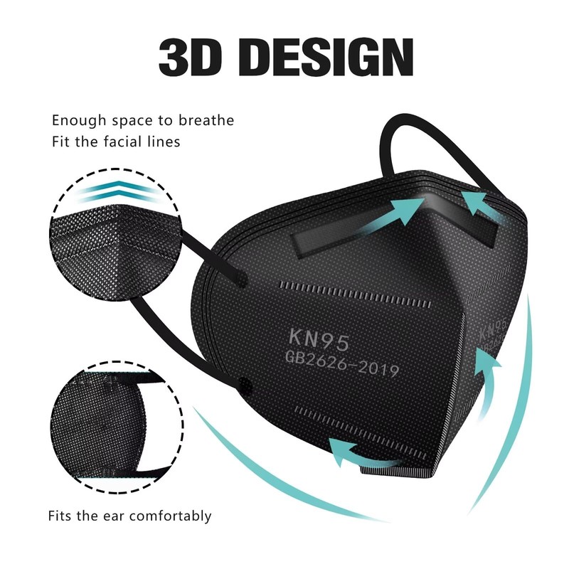LEMENT 50pcs KN95 Face Mask Black 5 Layer Cup Dust