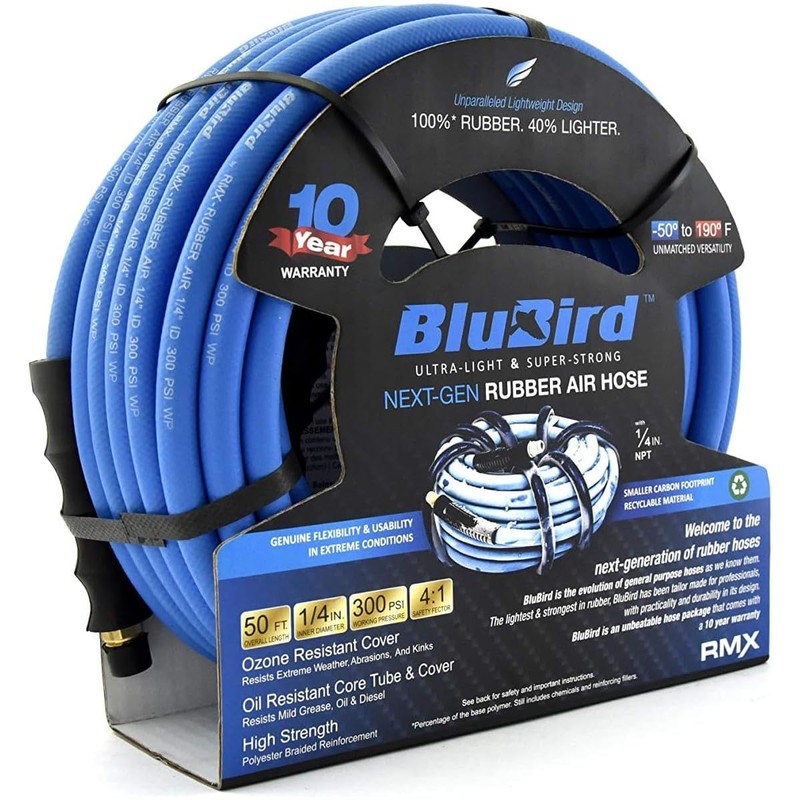 BLUBIRD 1/4" x 50ft Rubber Air Hose, High-Performance Pneumatic Hose