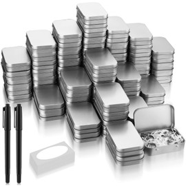 meekoo 162 Pcs Metal Tins Empty Rectangular Storage Container Kit Includes 80 Hinged Tin Box 3.7 x 2.4 x 0.8 Inch Craft Organizers Metal Boxes Small With Lids 80 Adhesive Tags 2 Black Paint Pens
