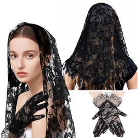 2 Pcs Lace Veils for Church Mantilla Catholic Veil and 2 Pcs Black Lace Wedding Gloves(Black)
