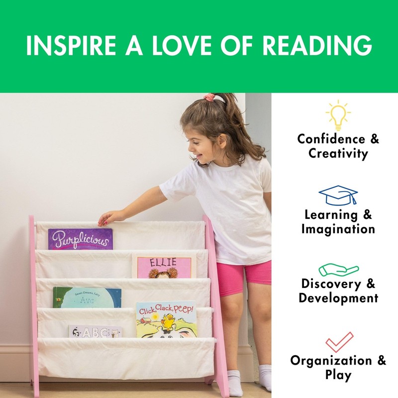 Humble Crew Carly Bookshelf 4 Tier Book Storage, Pink/White