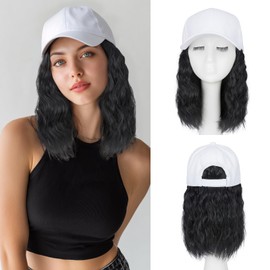 S-noilite Hat Wigs for Women White Baseball Cap with Synthetic Hair Extensions Short Wavy Wigs Adjustable Hat with Jet Black Hair Daily Wear（8Inch）