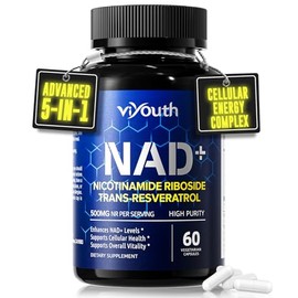 Suplemento NAD+ con ribósido de nicotinamida 500 mg y Trans-Resveratrol - Suplemento NR para energía celular y apoyo al envejecimiento saludable para 