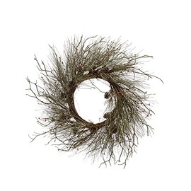 Round Faux Long Needle Pine Wreath with Twigs and Red Rice Berries, Sage
