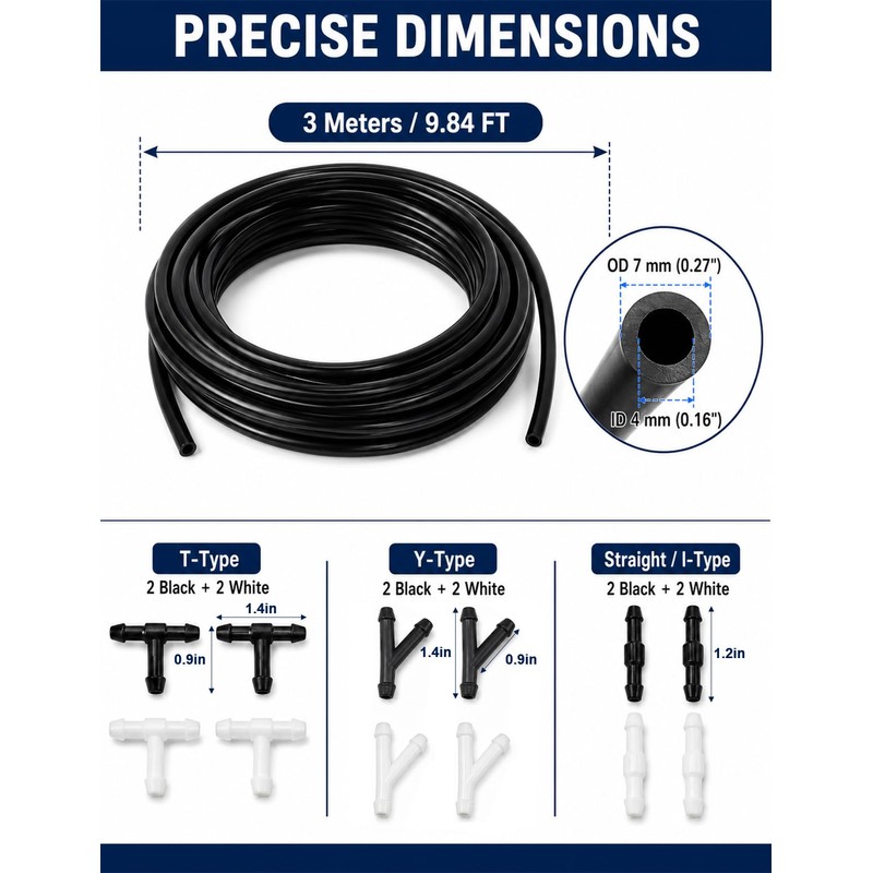 3-Meter(9.84ft) Windshield Washer Hose Kit with 12 Connectors for Vehicles