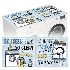 Stology 2 PCS So Fresh and So Clean Washer and Dryer Covers for the Top, 23.6'' x 25.6'' Blue Plaid Leather Non-slip Protector Mat, Cat Dust-proof Washing Machine Cover for Laundry Kitchen Home