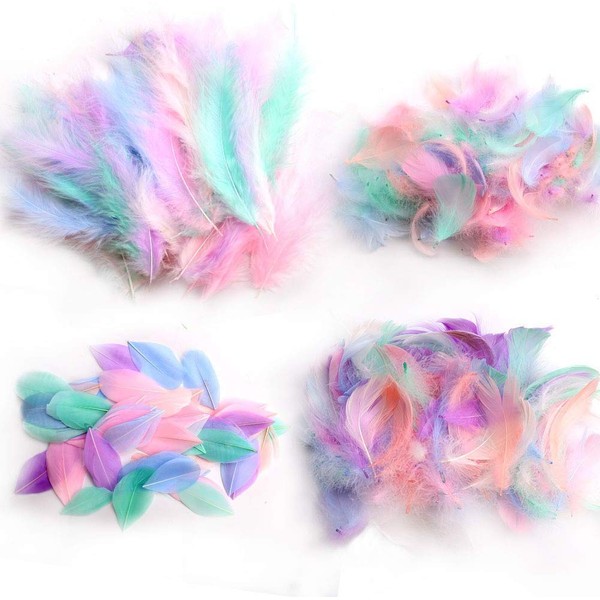 300 Pcs Colorful Feathers Goose Feathers in Bright Colors Feathers for Crafts Pastel Feathers for DIY Dream Catchers Feather Lampshades Earrings Craft Wedding Home Party Baby Shower Decorations (A)