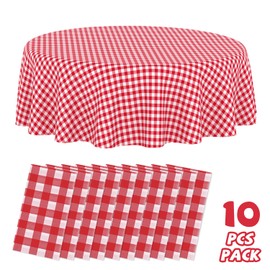 JHDZDHY 10 Pack Premium Disposable Plastic Tablecloth 84" Round Table Cover for Birthdays Weddings Christmas Anniversary Buffet Table (Red Checkered)
