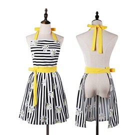 Lovely Comfortable Claccic Black Stripe and Fashion Daisy Skirt Kitchen Women Apron for Ladies Girls Wife Daughter (Yellow)