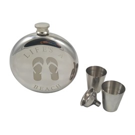 Beach Themed 10 oz Round"Flip Flops" Flask Gift Set with Two Shot Glasses and a Funnel in a Black Gift Box