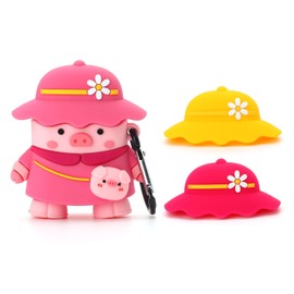 TYOROY Pink Piglet Case for Airpod 1&2, 3D Cute Chic Cartoon Soft Case, Kids Teens Boys Girls Women Lovely Stylish Cross Body Bag Piglet Shape with Three Hats for Airpod 1&2