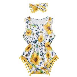 Leapparel Sunflower Summer Playsuit with Headband 3D Rompers Toddler Girls Sleeveless Jumpsuit Comfy Infant Girls Funny Playsuit Set 12-18 Months