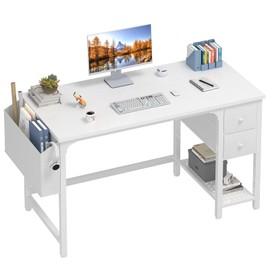 Lufeiya White Computer Desk with Drawers - 47 Inch PC Desk for Small Space Bedroom Home Office, Modern Simple Study Writing Table Desks with Storage Shelf, White