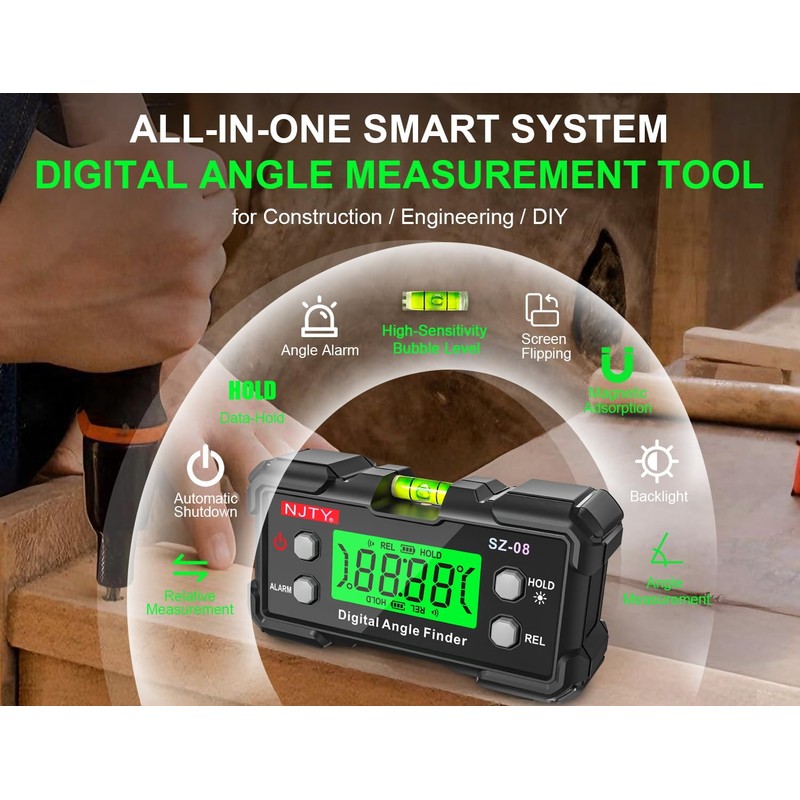 NJTY Digital Inclinometer with Backlit Display, ±0.3° Accuracy, Dual Magnetic