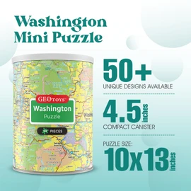 Geotoys Washington Mini State Puzzle – 100 Piece Puzzles for Kids and Adults in Portable Can, 13" x 10" Educational Travel Puzzle for Ages 7 and Up – Mini Puzzles to Learn & Explore Geography