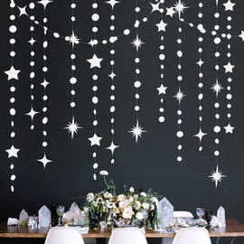 16 Metre White Party Decorations, Star, Circle, Dots Paper Streamers, Hanging Glitter, Twinkling Star Decoration for Kids’ Birthday, Baby/Bridal Shower, Wedding, Anniversary