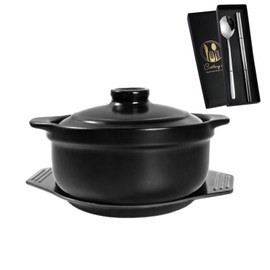 Korean Stone Bowl with Lid & Platter,Ceramic Pot Clay Pots for Cooking Hot Pots Rice Pot Dolsot Bibimbap and Soup Cookware 1200ml Includes Utensil Set