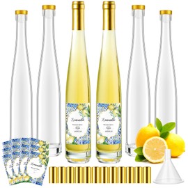 Maxcheck 6 Set 12 oz 375ml Lemoncello Glass Wine Bottles Set with Labels Stickers Airtight Empty Clear Liquor Bottles with Lid for Homemade Extracting Liqueur Suitable for Gift Giving(Blue Lemon)