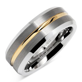 100S JEWELRY Tungsten Rings for Men Two Tone Silver Wedding Bands Gold Grooved Matte Finish Size 8-16 (8)