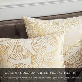 GIGIZAZA White Throw Pillow Covers 20x20,Decorative Velvet Gold Leaves Ivory Couch Pillow Covers, Set of 2