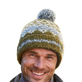 Pachamama Men Wool Beanie Bobble Hat Fleece Lined Handknitted Contemporary Fairisle One-Size Handmade Extra Warm Fair Trade (Wool, Moss)