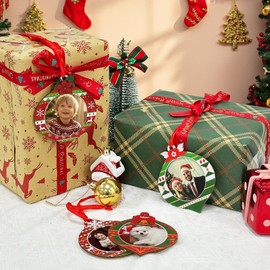 GUDELAK 24 Pcs Christmas Photo Frame Picture Ornaments, Wooden Picture Frames DIY Christmas Ornaments Kits for Xmas Holiday Presents Tree Decorations, Winter Holiday Gifts (Light Ball)