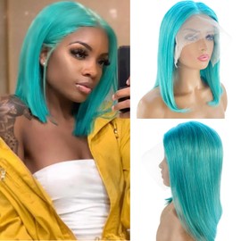 OiMiGO HD Lace Bob Wig Human Hair 13x4 Straight Bob Lace Front Wigs Human Hair Pre Plucked with Baby Hair,Short Bob Glueless Transparent Lace Frontal Wigs for Women,Lack Blue(10Inch)