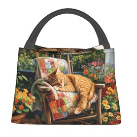 Sleeping Ginger Cat Lunch Box for Women Girls Adults Insulated Blooming Flowers and Kitten Rustic Lunch Bag for Work Picnic Camping Travel Gifts Large Capacity Cooler Thermal Reusable Tote Makeup Bags