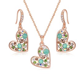 EVEVIC Austrian Crystals Heart Pendant Necklace Earrings Set for Women 14K Rose Gold Plated Drop Earrings Hypoallergenic Jewelry Set Gift for Birthday Anniversary (Green Opal+Aurora Borealis Crystal)