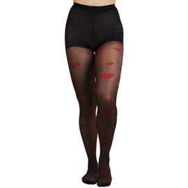 ToBeInStyle Women's Heart Print Spandex Pantyhose - Black Red - One Size