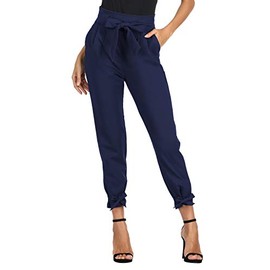 GRACE KARIN Womens Casual High Waist Pencil Pants with Pockets Bow-Knot Cropped Paper Bag Pants for Work Navy Blue S