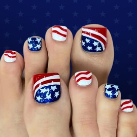 Independence Day Patriotic Press on Toenails Star Stripes USA Flag Design Fake Toe Nails Red White Blue 4th of July Acrylic Toenails Short Square Glue on Toe Nails Summer Holiday Reusable Toe Nail