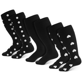 Utensilsto 3 Pairs Compression Socks for Women, Large Flight Socks Black with Pattern, Knee High Women's Compression Socks for Travel, Running, Flying, Breastfeeding, Pregnancy, black, 3 XL