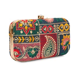 LONGING TO BUY Hand Crafted Designer Box Clutch, Zari Embroidery Clutch/Hand Clutch (Sea-Green)