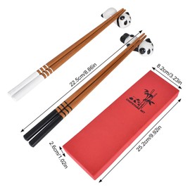 2 Pair Wooden Chopsticks Set, Chopsticks with Holder, Bamboo Chopsticks Gift Set, Chopsticks Reusable with Case, with Panda Chopstick Rest, Dishwasher-Safe, 22.5 cm